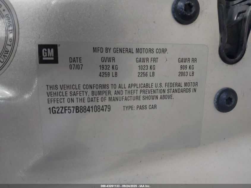 2008 Pontiac G6 Value Leader VIN: 1G2ZF57B884108479 Lot: 43261133