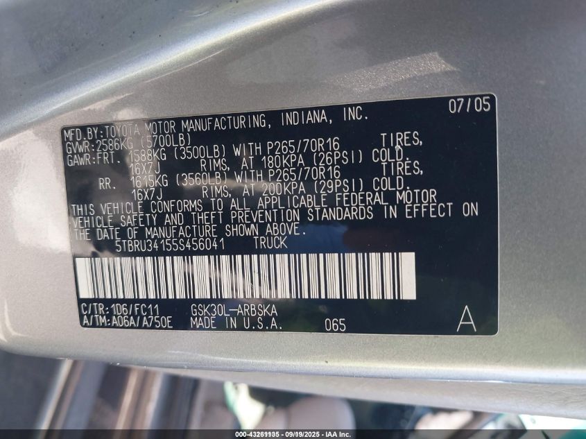 2005 Toyota Tundra Sr5 VIN: 5TBRU34155S456041 Lot: 43261135