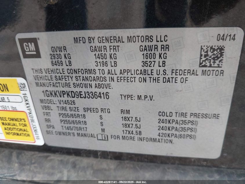 2014 GMC Acadia Sle-2 VIN: 1GKKVPKD9EJ336416 Lot: 43261141