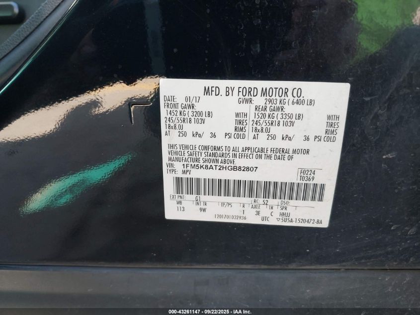 2017 Ford Police Interceptor VIN: 1FM5K8AT2HGB82807 Lot: 43261147
