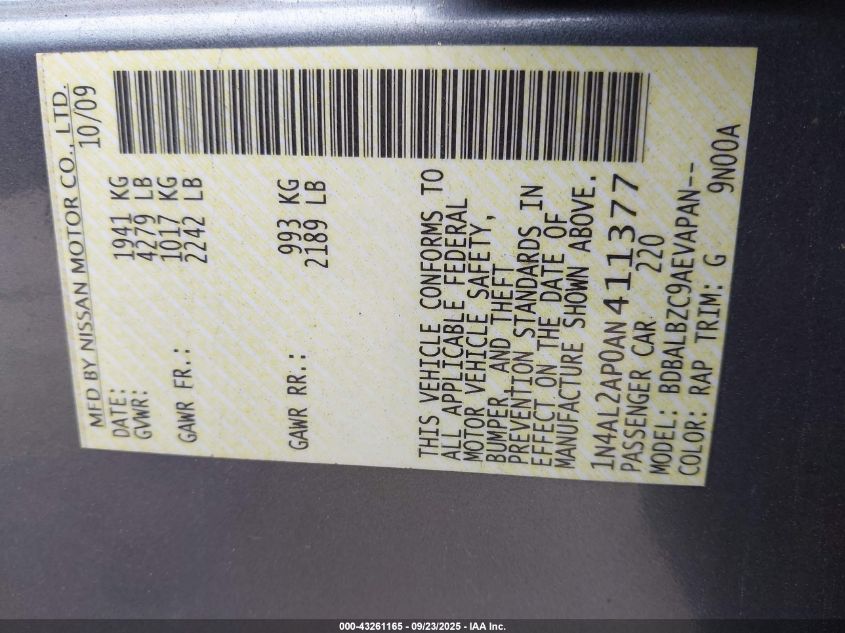 2010 Nissan Altima 2.5 S VIN: 1N4AL2AP0AN411377 Lot: 43261165