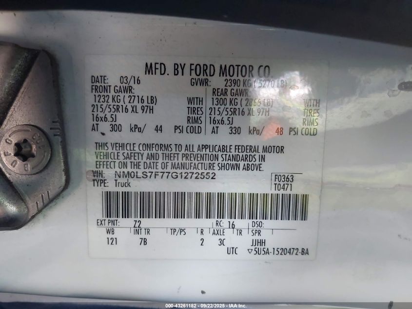 2016 Ford Transit Connect Xlt VIN: NM0LS7F77G1272552 Lot: 43261182