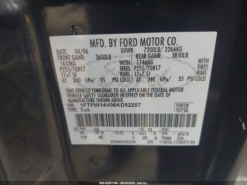 2006 Ford F-150 Fx4/Lariat/Xlt VIN: 1FTPW14V06KD52257 Lot: 43261186