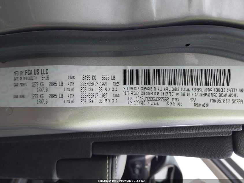 2016 Jeep Cherokee Latitude VIN: 1C4PJMCS3GW327662 Lot: 43261196