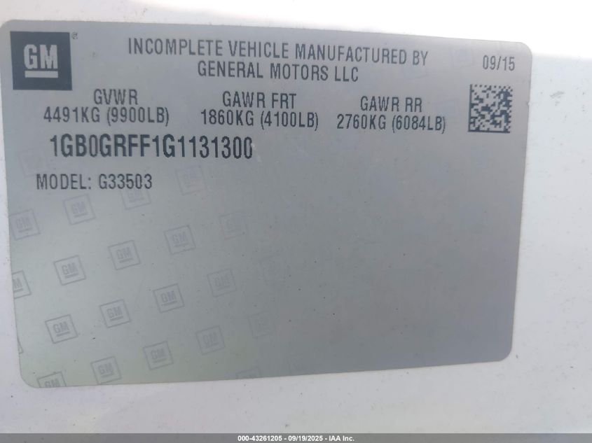 2016 Chevrolet Express Cutaway 3500 VIN: 1GB0GRFF1G1131300 Lot: 43261205