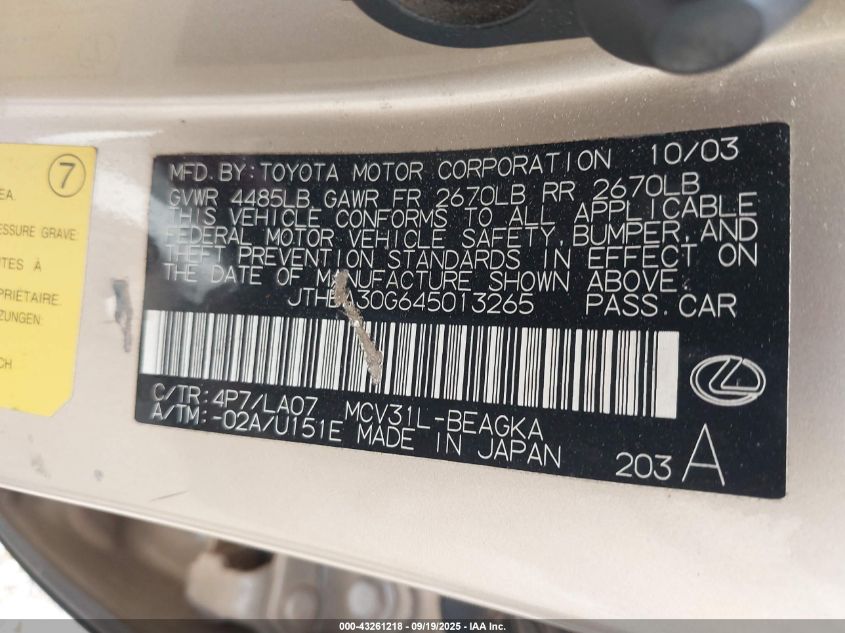 2004 Lexus Es 330 VIN: JTHBA30G645013265 Lot: 43261218