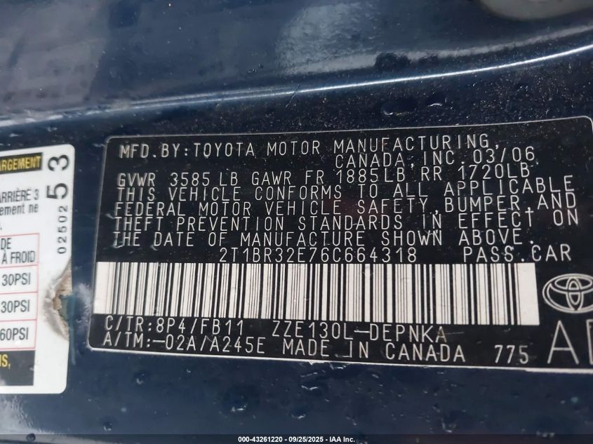 2006 Toyota Corolla Le VIN: 2T1BR32E76C664318 Lot: 43261220