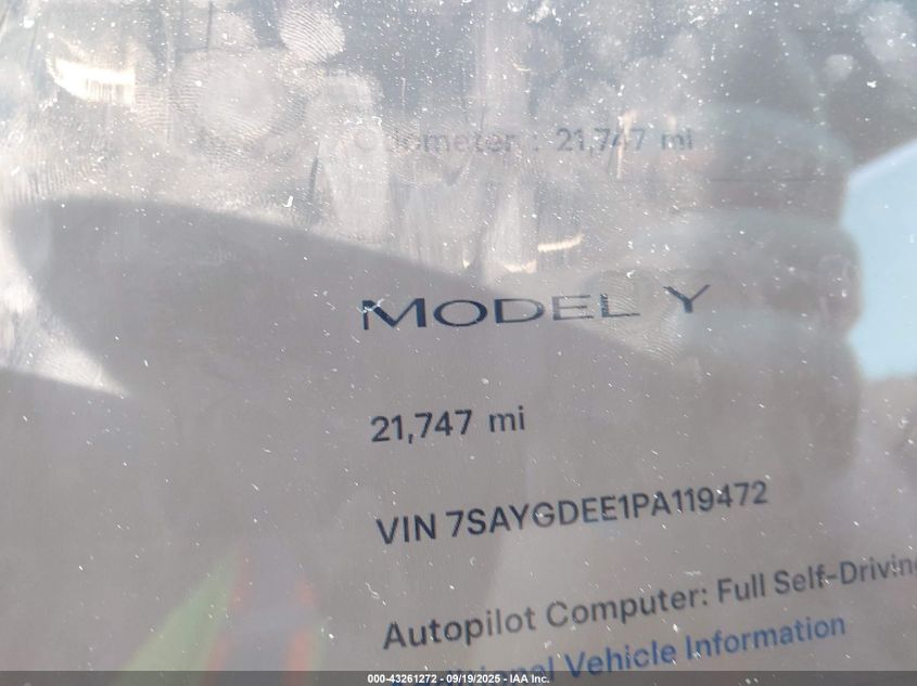 2023 Tesla Model Y Awd/Long Range Dual Motor All-Wheel Drive VIN: 7SAYGDEE1PA119472 Lot: 43261272