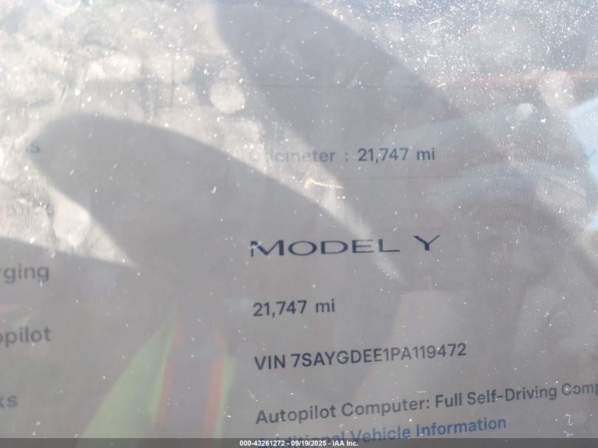2023 Tesla Model Y Awd/Long Range Dual Motor All-Wheel Drive VIN: 7SAYGDEE1PA119472 Lot: 43261272