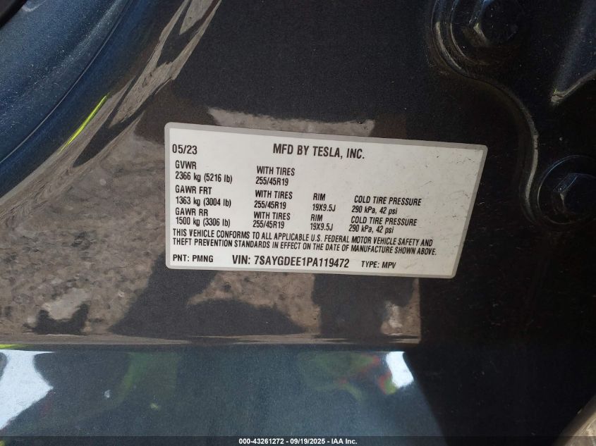 2023 Tesla Model Y Awd/Long Range Dual Motor All-Wheel Drive VIN: 7SAYGDEE1PA119472 Lot: 43261272
