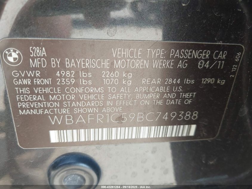 2011 BMW 528I VIN: WBAFR1C59BC749388 Lot: 43261284
