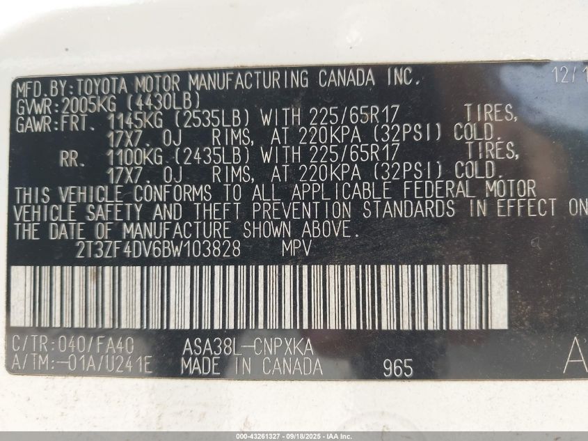 2011 Toyota Rav4 VIN: 2T3ZF4DV6BW103828 Lot: 43261327