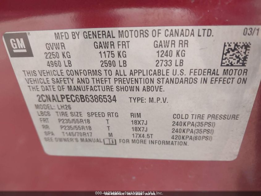 2011 Chevrolet Equinox 2Lt VIN: 2CNALPEC6B6386534 Lot: 43261335