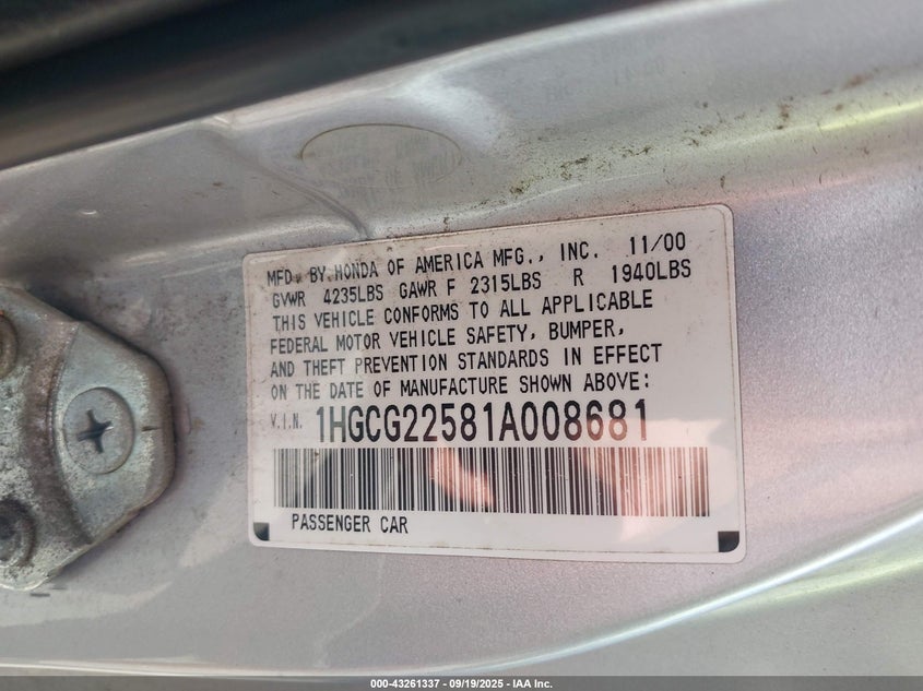 1HGCG22581A008681 2001 HONDA ACCORD photo no. 9