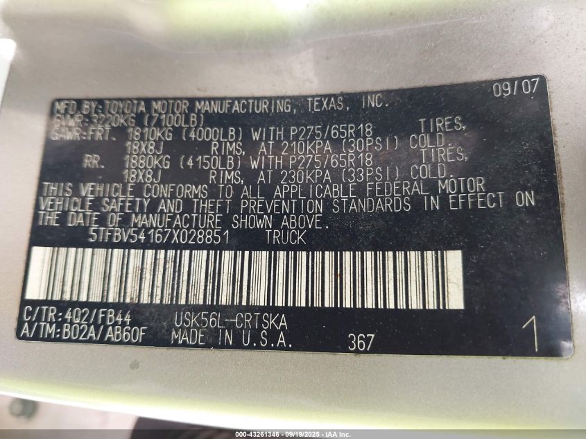 2007 Toyota Tundra Sr5 5.7L V8 VIN: 5TFBV54167X028851 Lot: 43261346