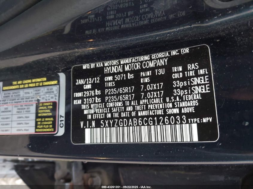 2012 Hyundai Santa Fe Gls VIN: 5XYZGDAB6CG126033 Lot: 43261351