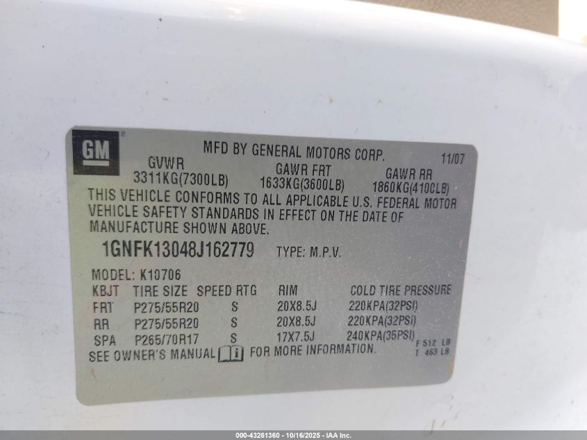 2008 Chevrolet Tahoe Lt VIN: 1GNFK13048J162779 Lot: 43261360