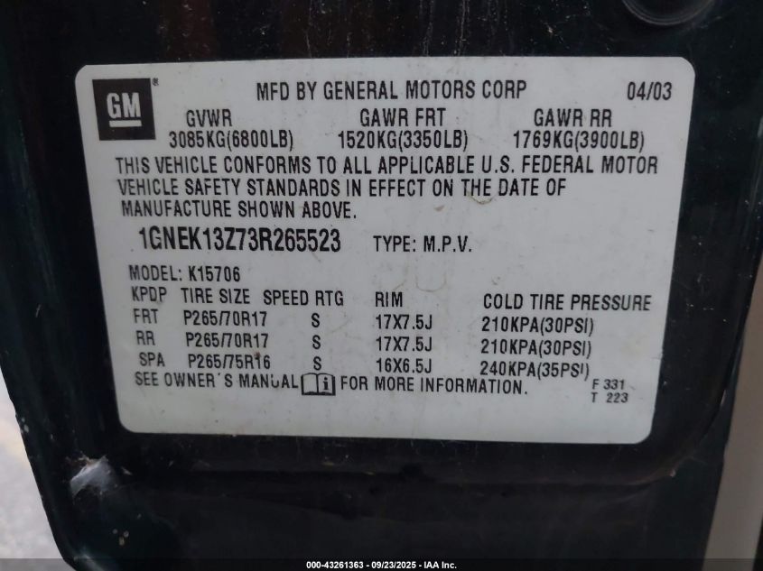 2003 Chevrolet Tahoe Z71 VIN: 1GNEK13Z73R265523 Lot: 43261363