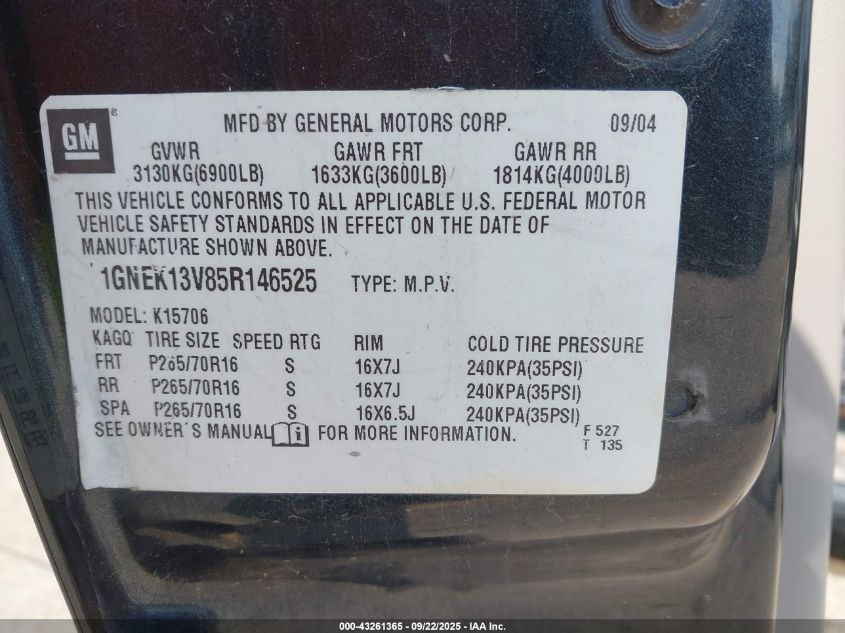 2005 Chevrolet Tahoe Ls VIN: 1GNEK13V85R146525 Lot: 43261365