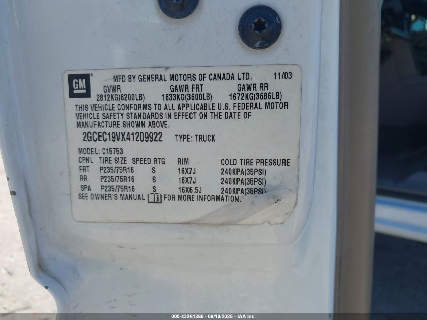 2004 Chevrolet Silverado 1500 Ls VIN: 2GCEC19VX41209922 Lot: 43261366