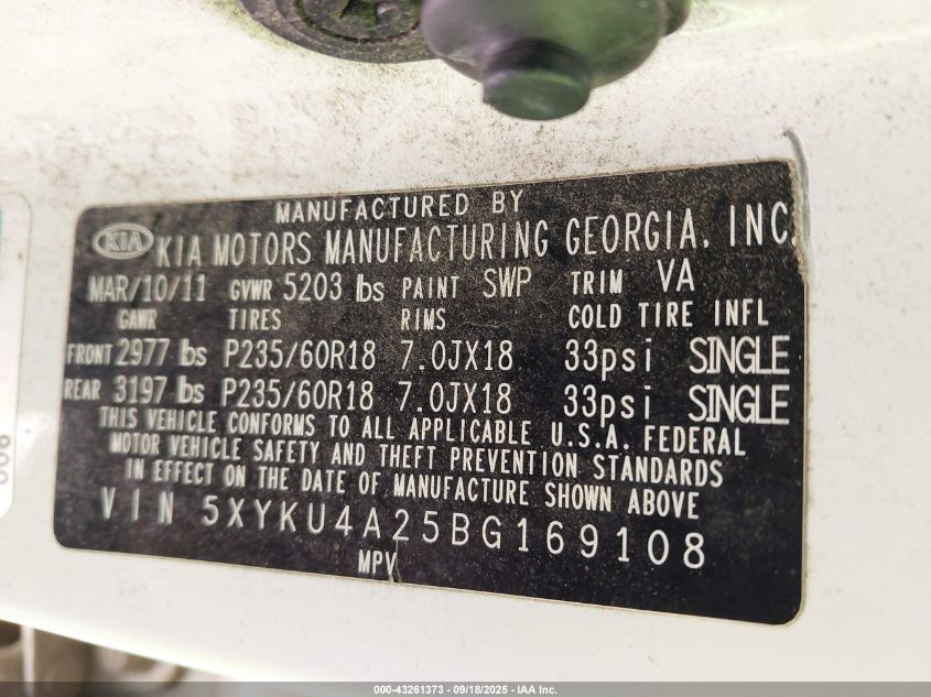2011 Kia Sorento Ex V6 VIN: 5XYKU4A25BG169108 Lot: 43261373