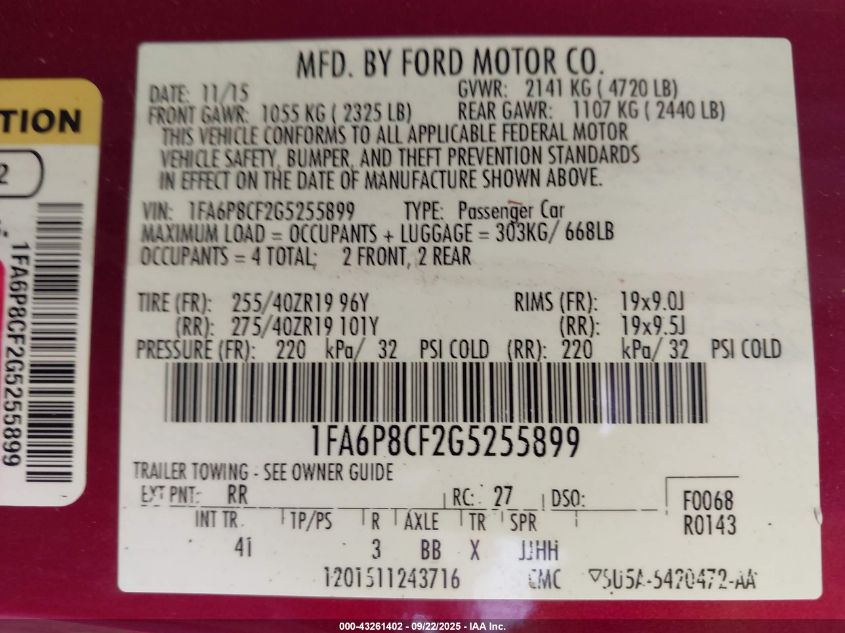 2016 Ford Mustang Gt Premium VIN: 1FA6P8CF2G5255899 Lot: 43261402