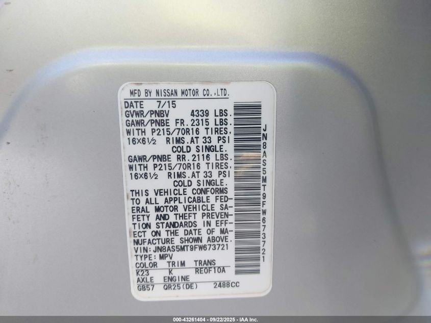 2015 Nissan Rogue Select S VIN: JN8AS5MT9FW673721 Lot: 43261404