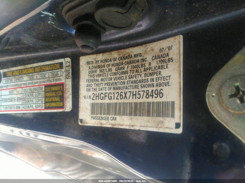 2007 Honda Civic Lx VIN: 2HGFG126X7H578496 Lot: 43261406