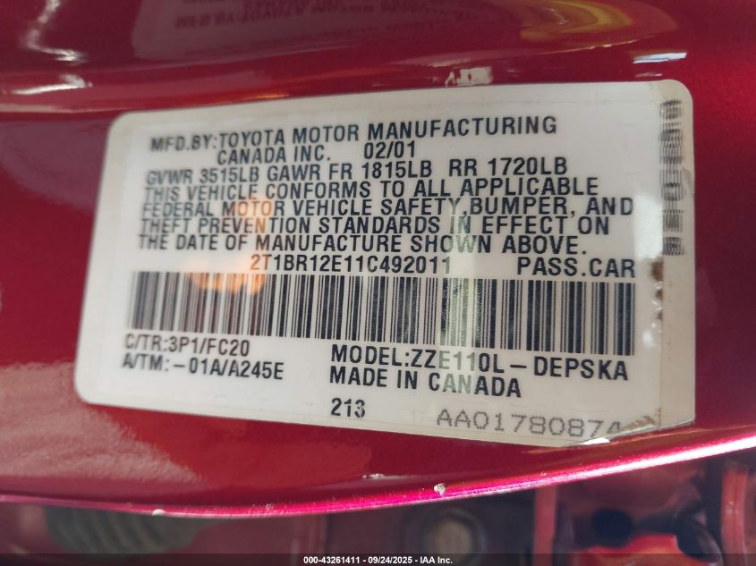 2001 Toyota Corolla S VIN: 2T1BR12E11C492011 Lot: 43261411