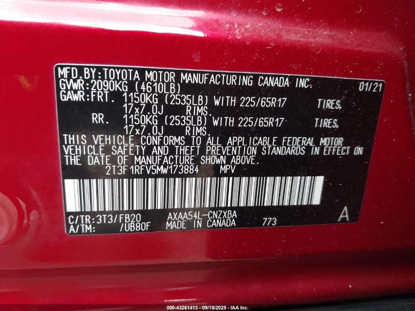 2021 Toyota Rav4 Le VIN: 2T3F1RFV5MW173884 Lot: 43261413
