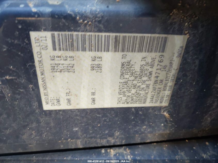 2011 Nissan Altima 2.5 S VIN: 1N4AL2AP7BN471769 Lot: 43261412