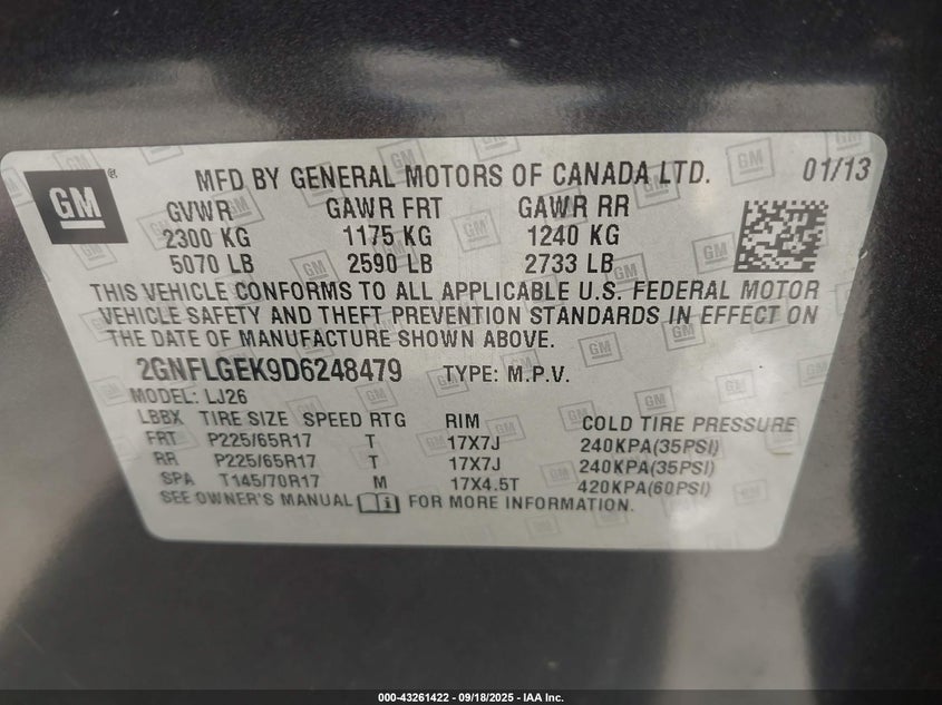 2013 CHEVROLET EQUINOX LTZ 2GNFLGEK9D6248479