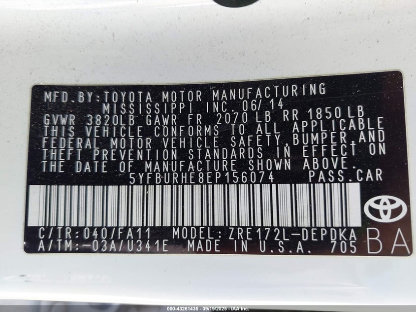 2014 Toyota Corolla L VIN: 5YFBURHE8EP156074 Lot: 43261436