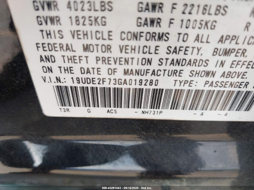 2016 Acura Ilx Premium Package/Technology Plus Package VIN: 19UDE2F73GA019280 Lot: 43261443