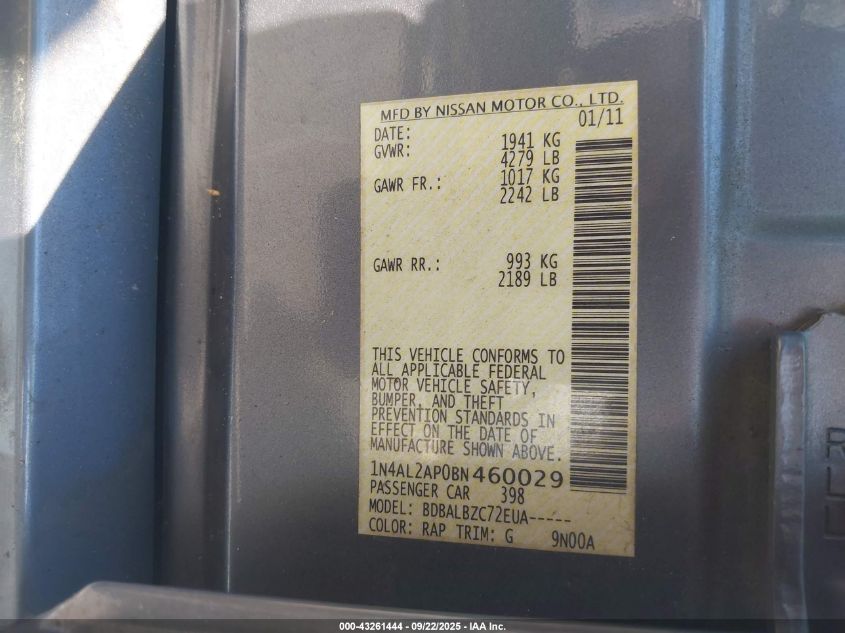 2011 Nissan Altima 2.5 S VIN: 1N4AL2AP0BN460029 Lot: 43261444