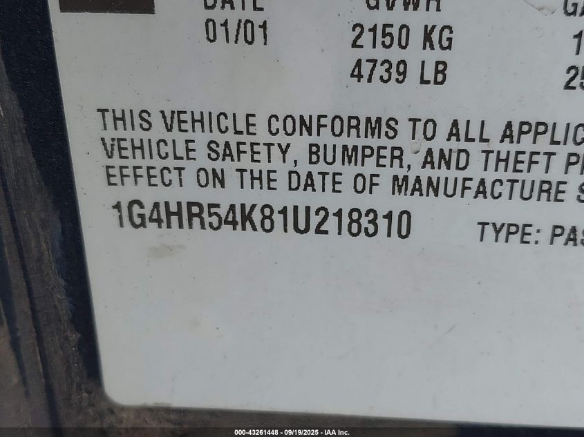 2001 Buick Lesabre Limited VIN: 1G4HR54K81U218310 Lot: 43261448