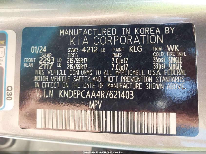 2024 Kia Seltos Lx VIN: KNDEPCAA4R7621403 Lot: 43261458