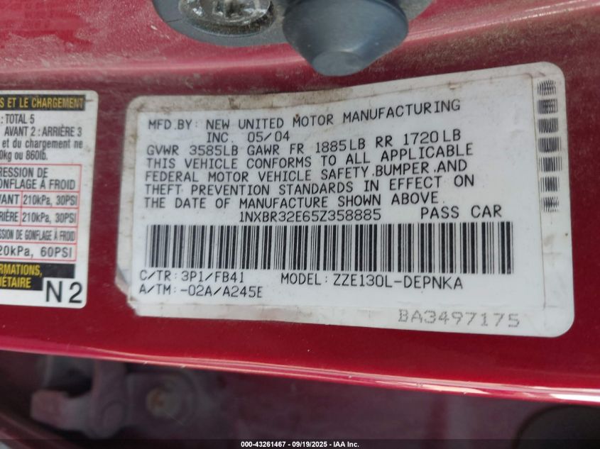 2005 Toyota Corolla Le VIN: 1NXBR32E65Z358885 Lot: 43261467