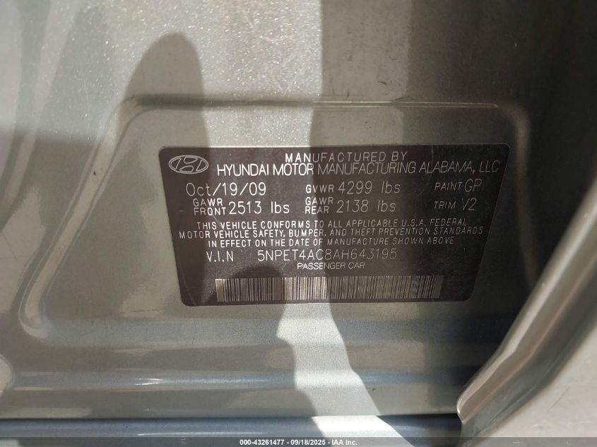 2010 Hyundai Sonata Gls VIN: 5NPET4AC8AH643195 Lot: 43261477