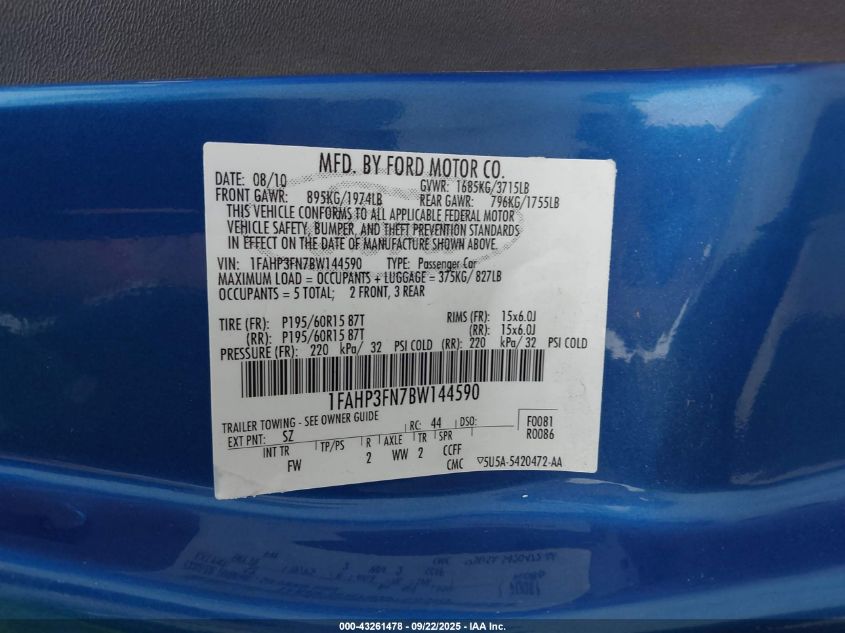 2011 Ford Focus Se VIN: 1FAHP3FN7BW144590 Lot: 43261478