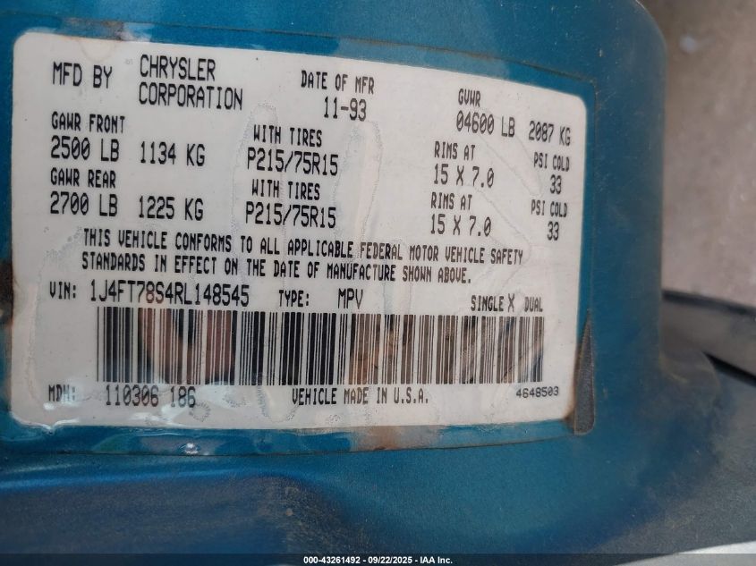 1994 Jeep Cherokee Country VIN: 1J4FT78S4RL148545 Lot: 43261492