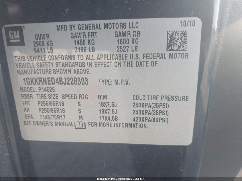 2011 GMC Acadia Sl VIN: 1GKKRNED4BJ228303 Lot: 43261496