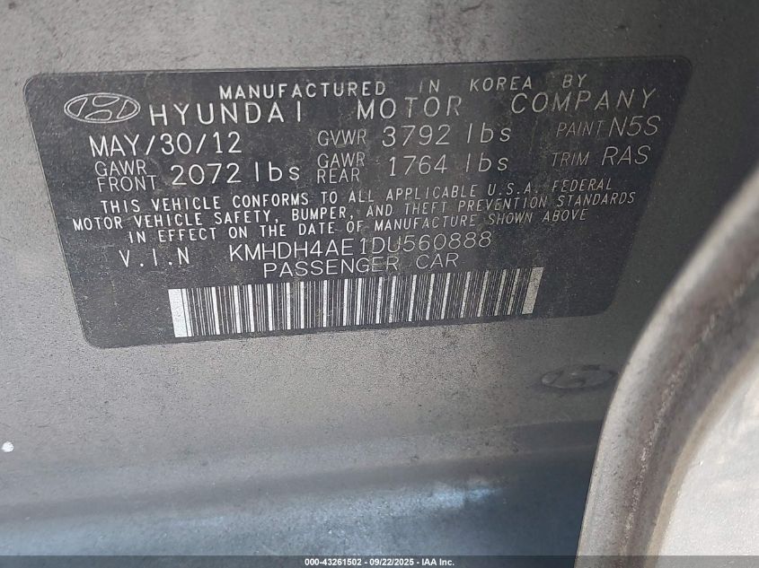 2013 Hyundai Elantra Limited VIN: KMHDH4AE1DU560888 Lot: 43261502