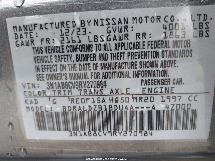 2024 Nissan Sentra Sv Xtronic Cvt VIN: 3N1AB8CV9RY270984 Lot: 43261522