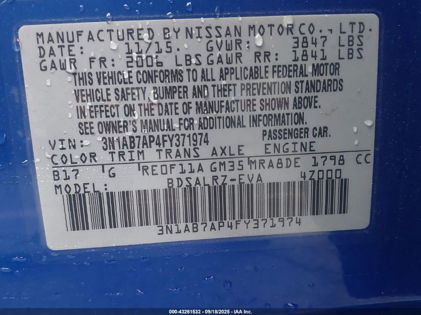 2015 Nissan Sentra Sr VIN: 3N1AB7AP4FY371974 Lot: 43261532