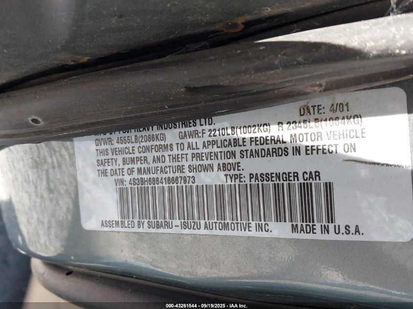 2001 Subaru Outback Limited VIN: 4S3BH686416667973 Lot: 43261544