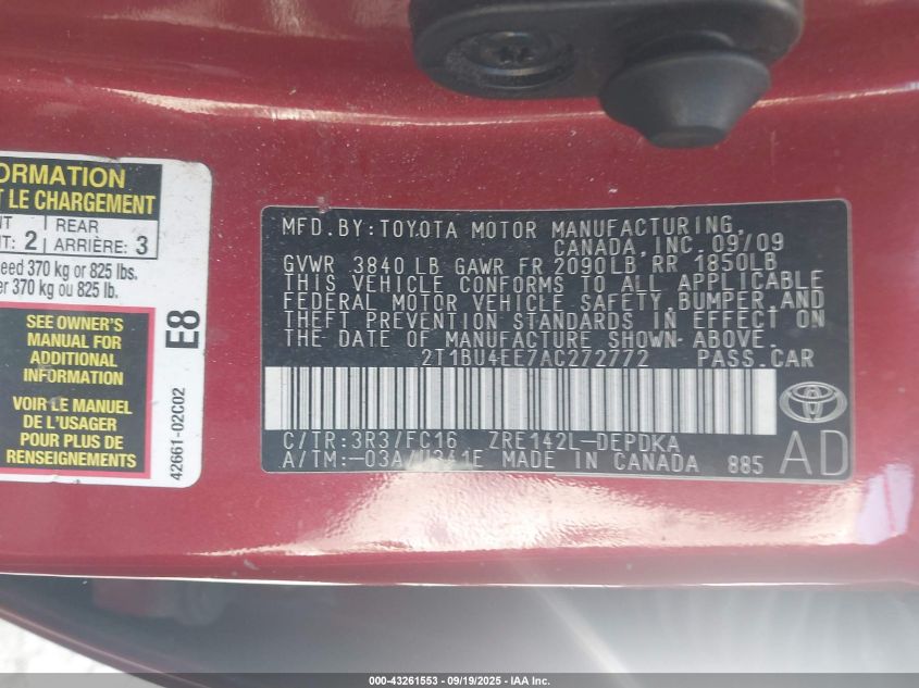 2010 Toyota Corolla Le VIN: 2T1BU4EE7AC272772 Lot: 43261553