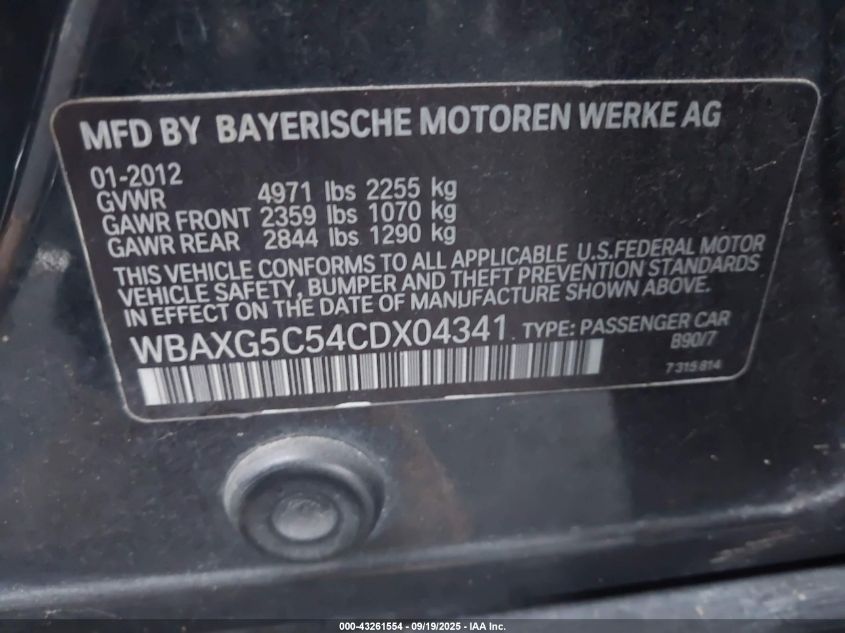 2012 BMW 528I VIN: WBAXG5C54CDX04341 Lot: 43261554