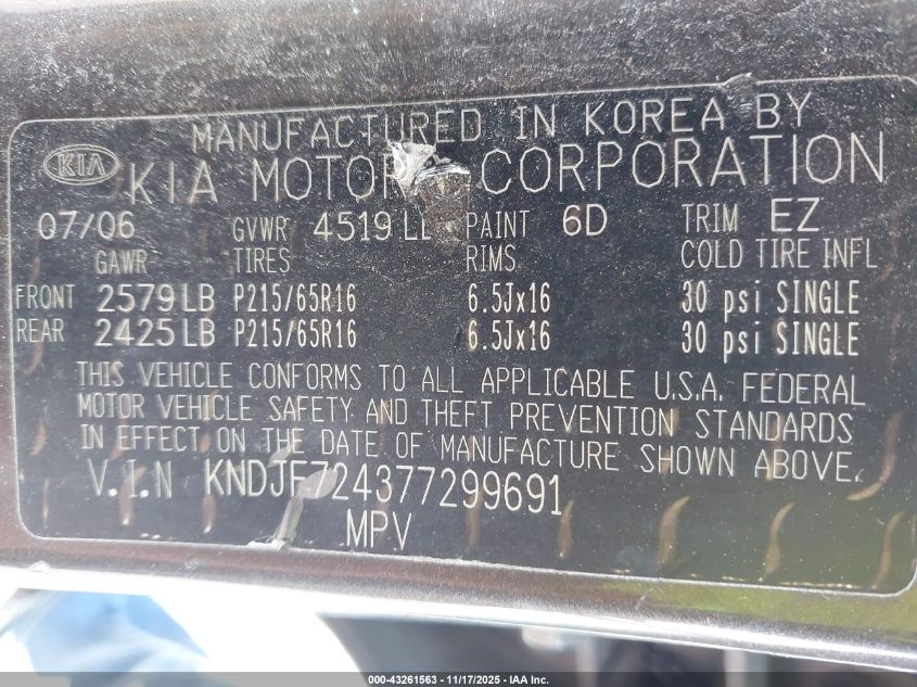 2007 Kia Sportage Lx VIN: KNDJF724377299691 Lot: 43261563