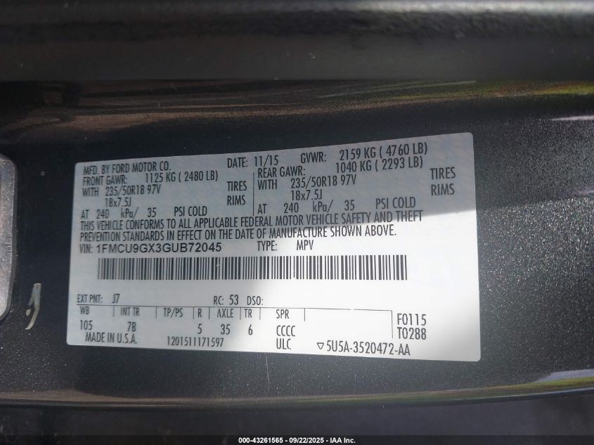 2016 Ford Escape Se VIN: 1FMCU9GX3GUB72045 Lot: 43261565